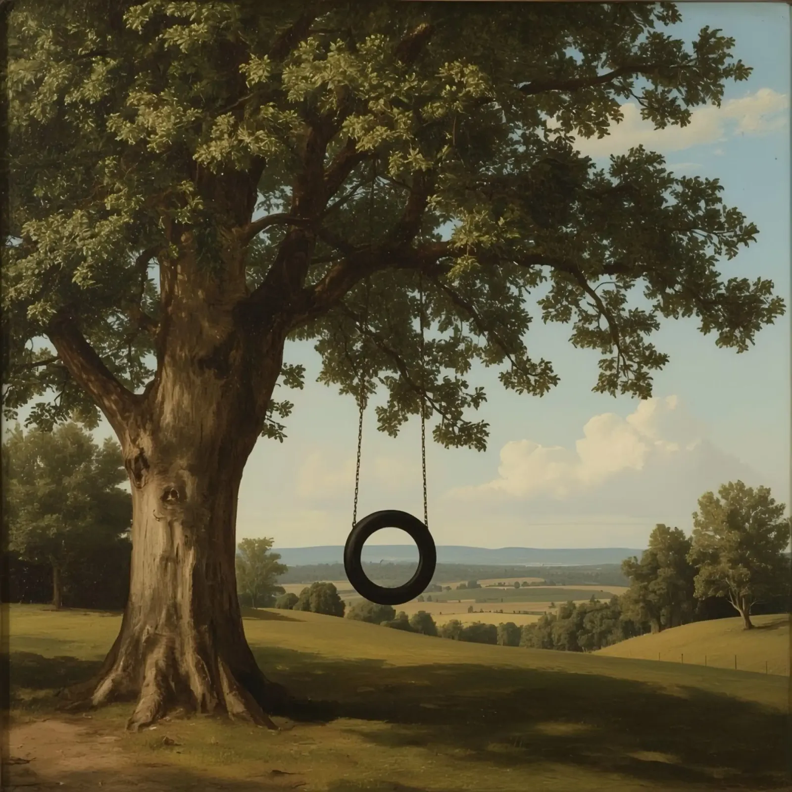 Tire swing hangs from an oak tree overlooking a grassy lands canvas by DesignDoodle