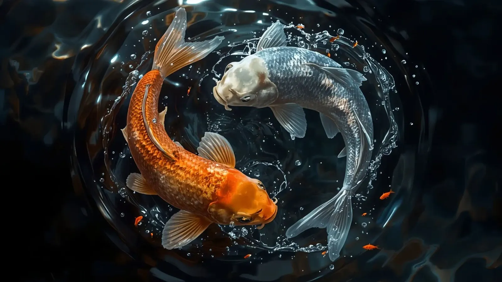Dos peces koi nadando en movimiento ying yaang creando ondas hahnemühle de DesignDoodle