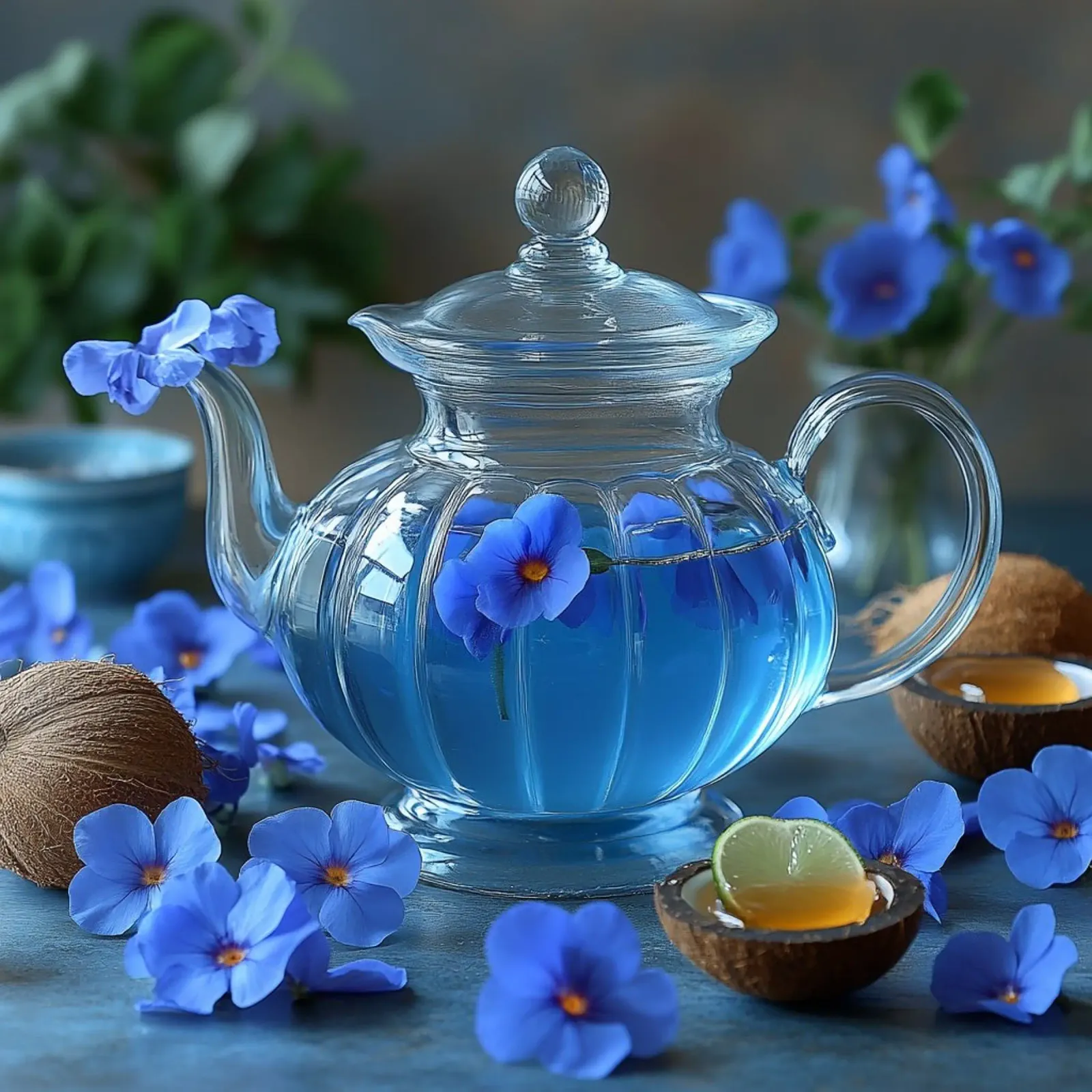 Elisir floreale blu poster con telaio in alluminio da StillVibe Home
