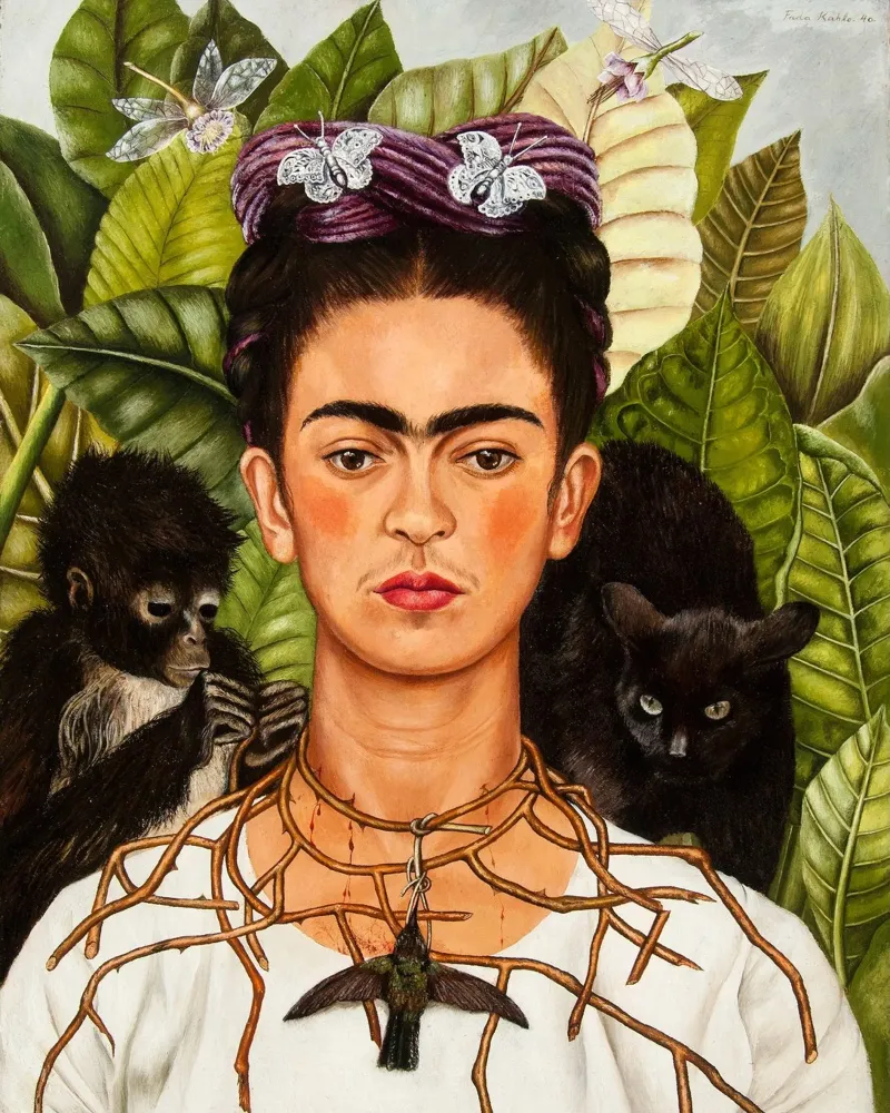 Self-Portrait wThorn Necklace and Hummingbird by Frida Khalo poster with wooden frame by Venus Art