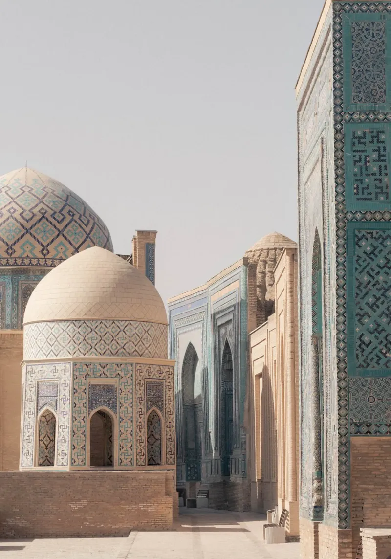 Turquoise mosaic buildings - Shah-i-Zinda, Uzbekistan hahnemühle by Kimberley Jekel Photography