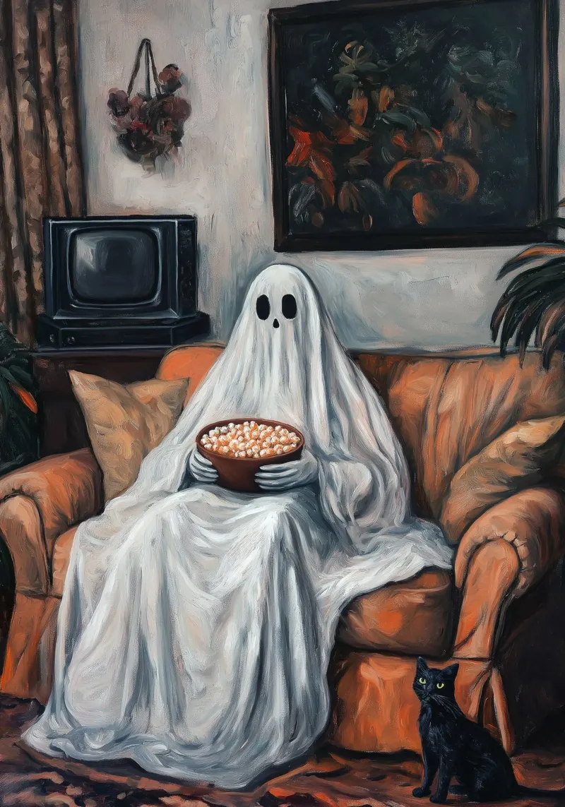 Halloween Ghost Watching TV with Popcorn canvas with Floater frame by Fleur de Lys