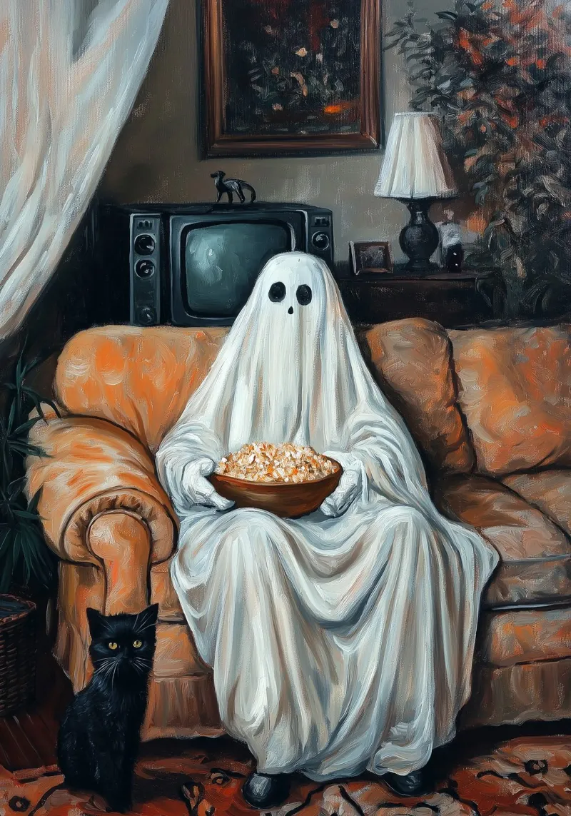Halloween Ghost Watching TV with Popcorn canvas with Floater frame by Fleur de Lys