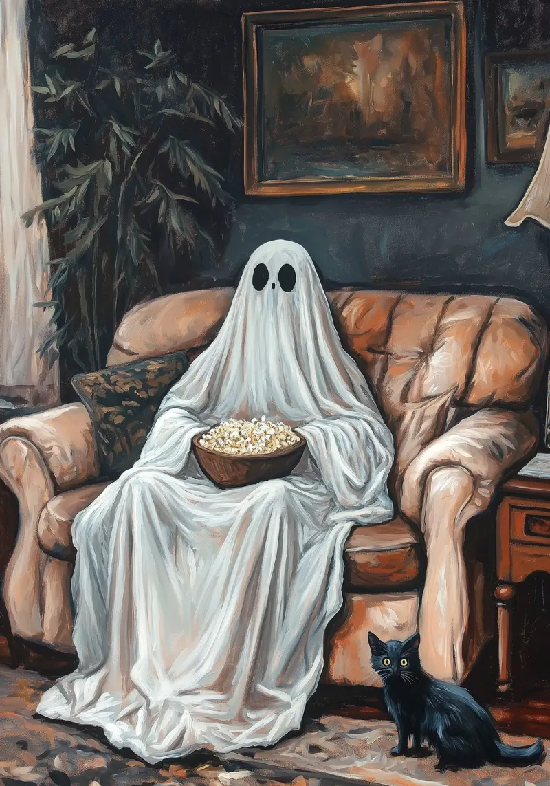 Halloween Ghost Watching TV with Popcorn canvas with Floater frame by Fleur de Lys