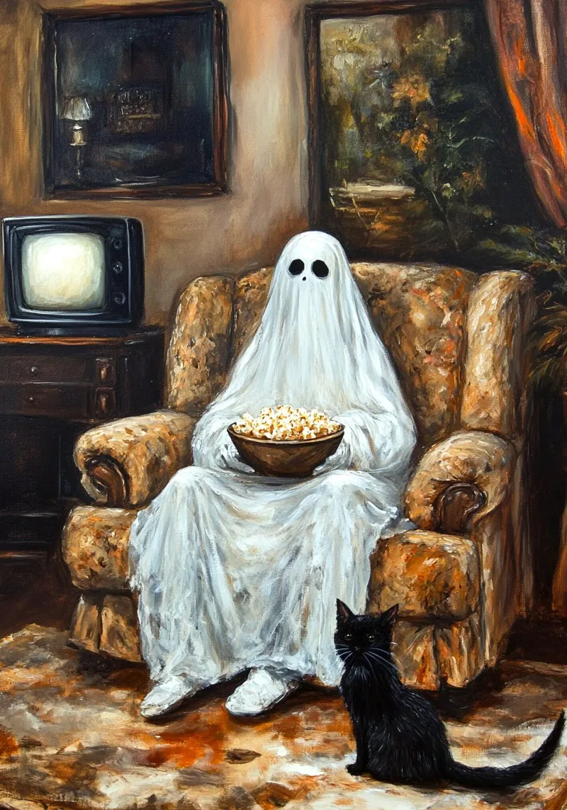 Halloween Ghost Watching TV with Popcorn canvas with Floater frame by Fleur de Lys