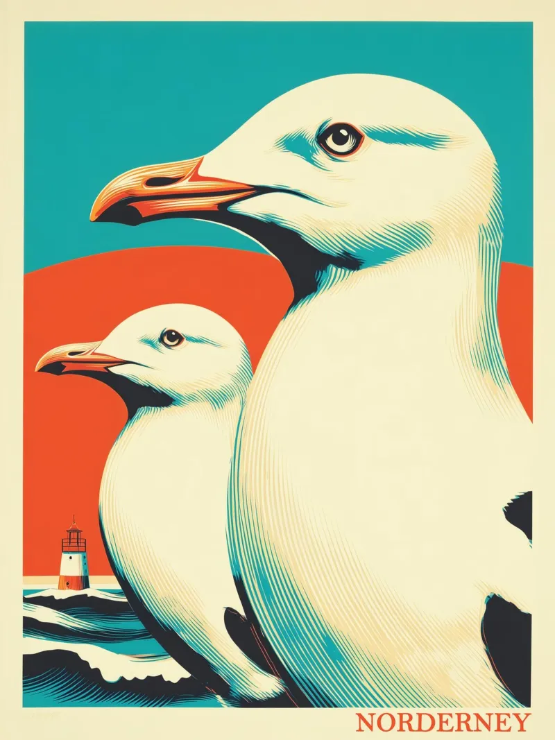 Norderney | Poesia del Mare del Nord con due gabbiani e un faro poster con telaio in legno da Autofocus