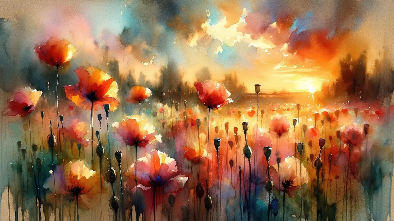Sunlit Poppy Meadows canvas with Floater frame by Chromatic Fusion Studio