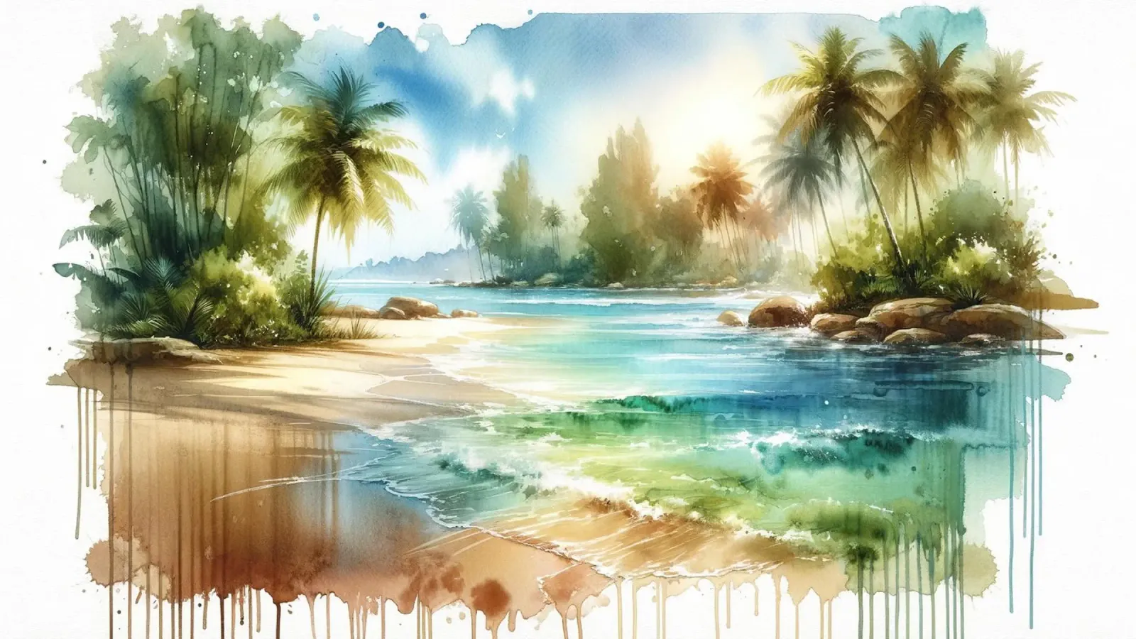 Spiaggia tropicale illuminata dal sole poster con telaio in alluminio da Chromatic Fusion Studio