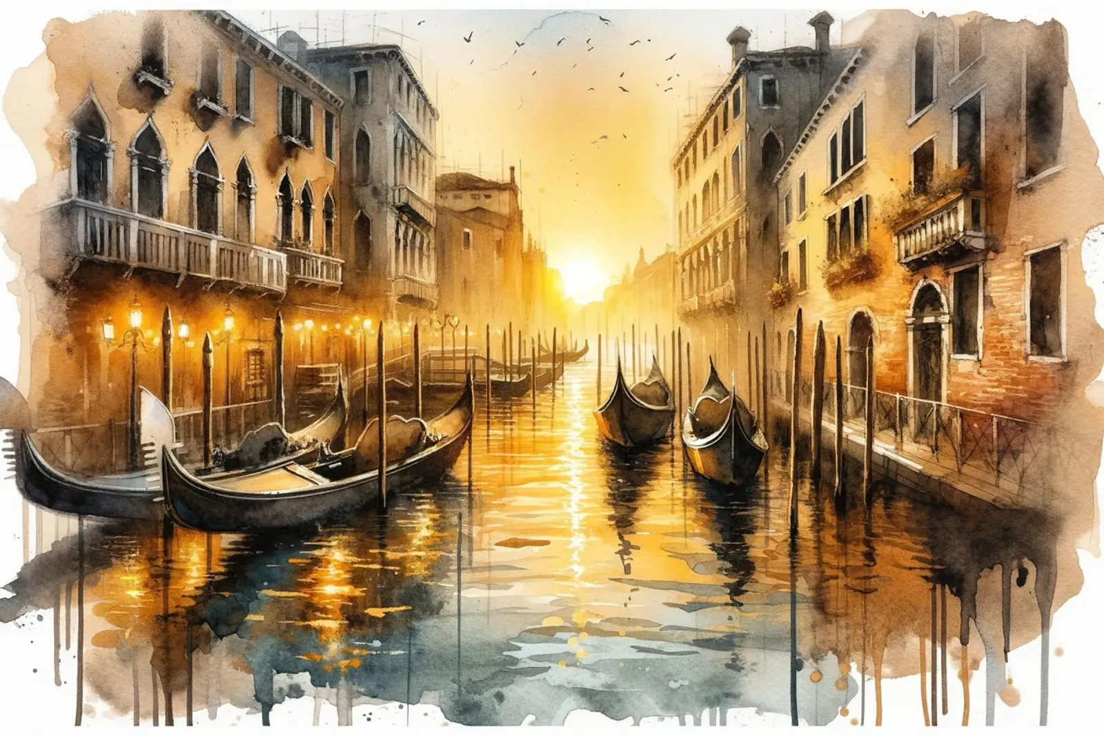 Sunset Over Venetian Canals with Gondolas canvas with Floater frame by Chromatic Fusion Studio