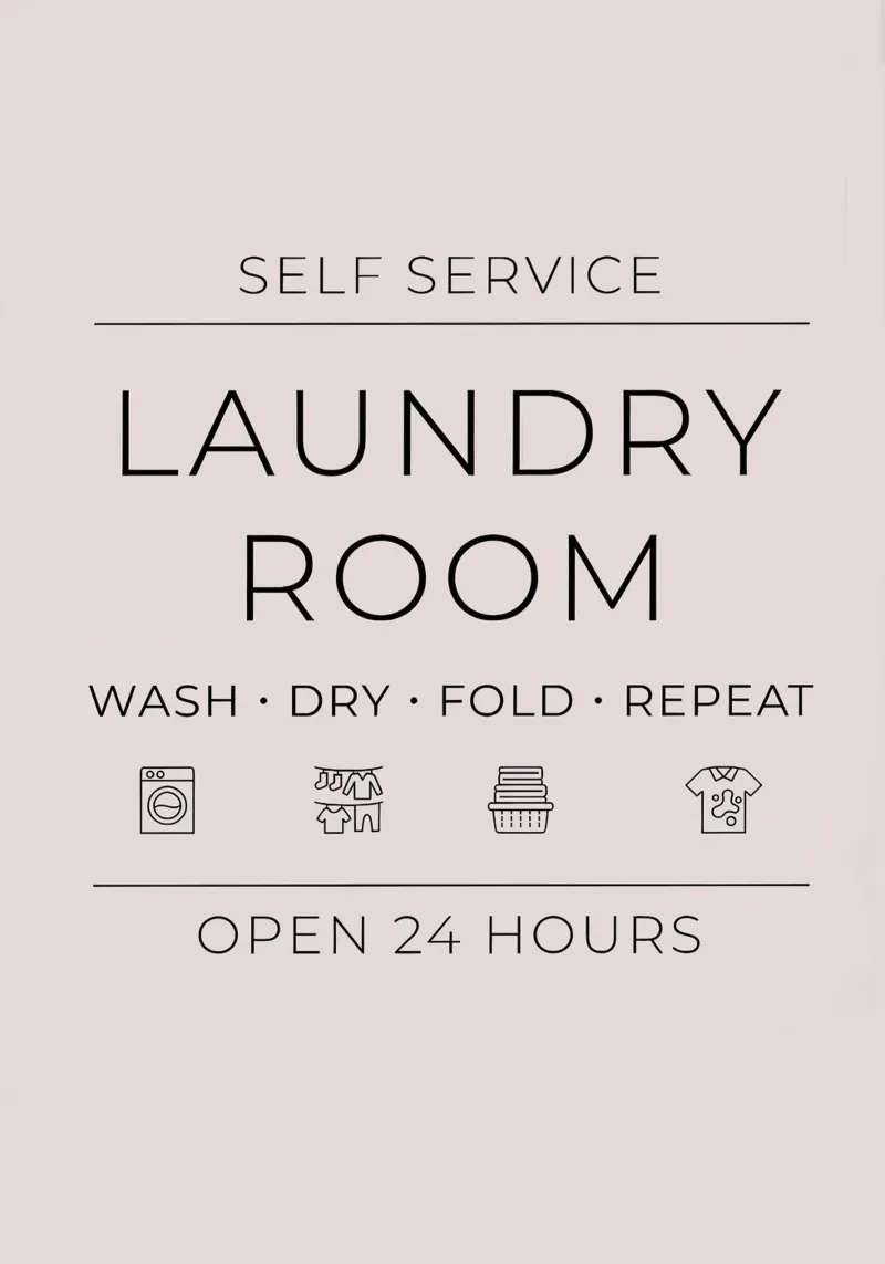 Self Service Laundry Room Wash, Dry, Repeat poster con telaio in alluminio da Attaboy Dsgn