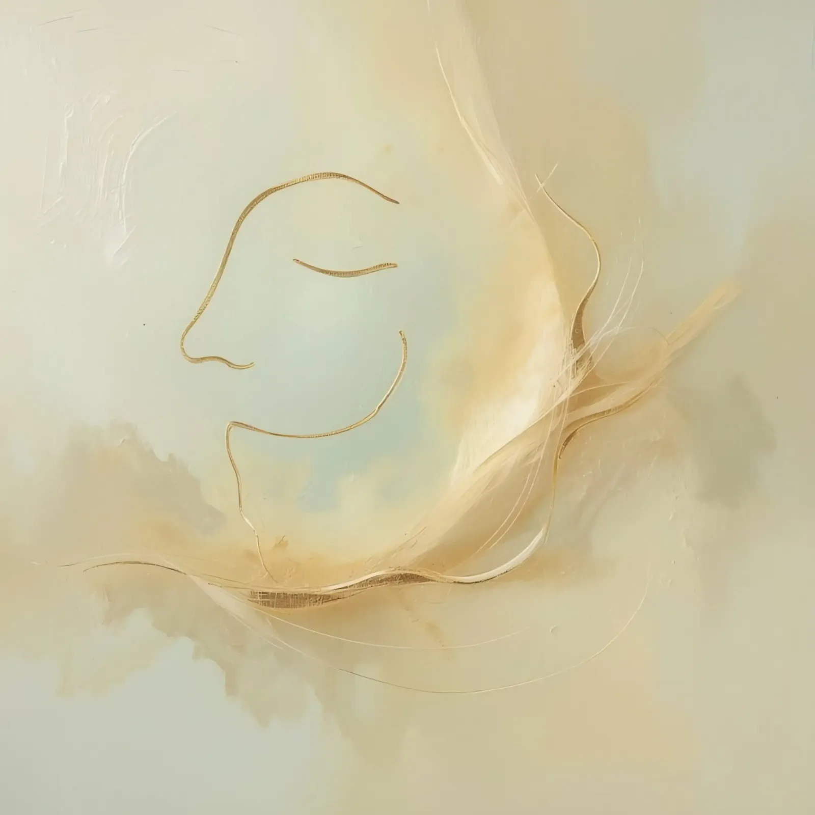 Abstract portrait of a smiling face rendered in soft hues poster with aluminum frame by DesignDoodle