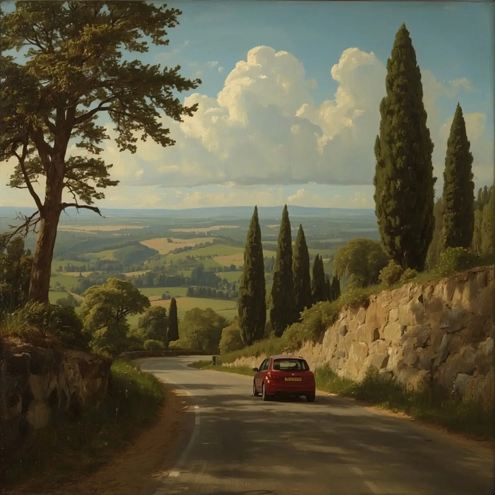 Splendida vista sulla campagna con un'auto che percorre una strada tortuosa poster con telaio in alluminio da DesignDoodle