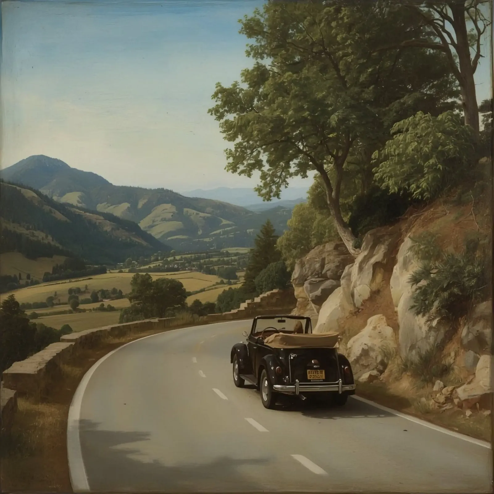 Oldtimer fährt auf kurvenreicher Straße durch bergiges Leinwand mit Schattenfugenrahmen von DesignDoodle