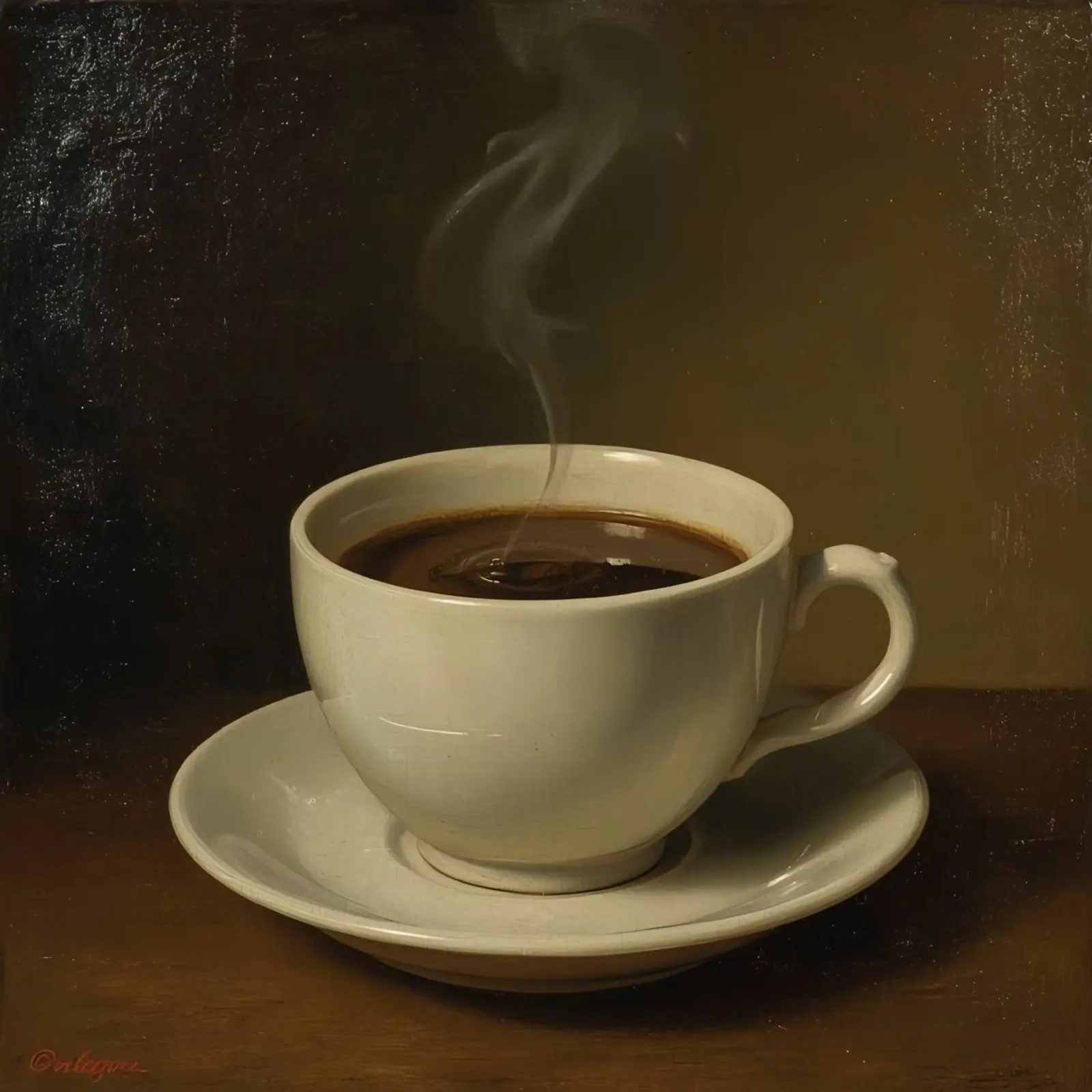Tazza da caffè con vapore appoggiata su un piattino in un ambiente caldo poster con telaio in legno da DesignDoodle