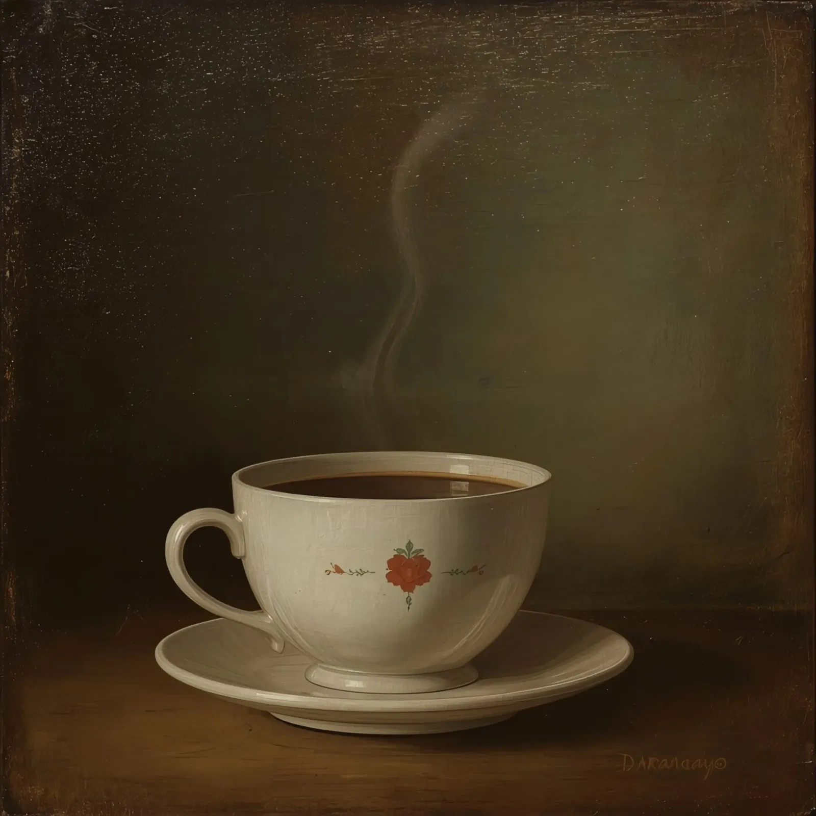 Tazza di caffè calda appoggiata su un piattino con un leggero vapore poster con telaio in plastica da DesignDoodle