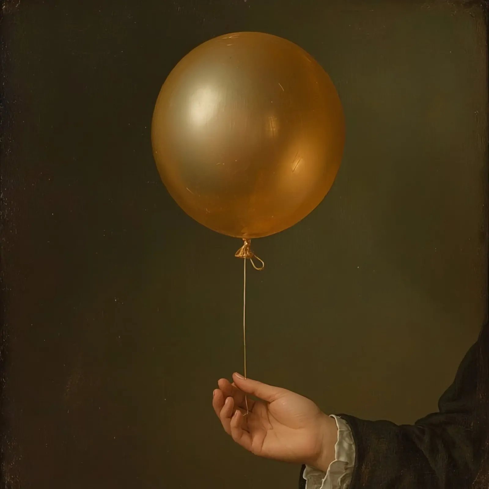 Goldener Luftballon, der von einer Hand vor einem dunklen Hintergrund gehalten wird Hahnemühle von DesignDoodle