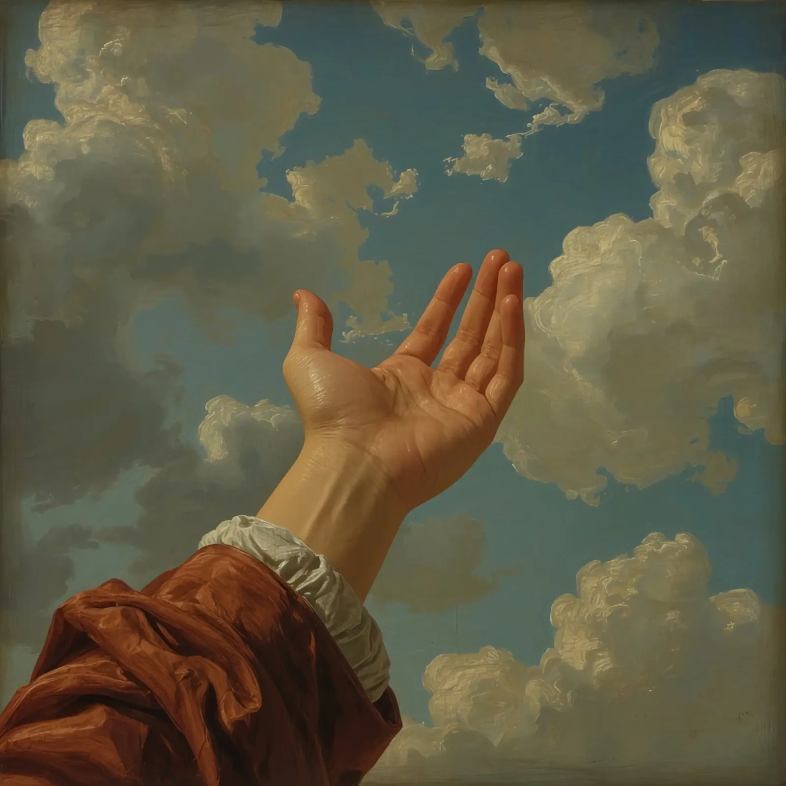 Outstretched hand reaches toward a cloudy sky in a pastoral canvas with Floater frame by DesignDoodle