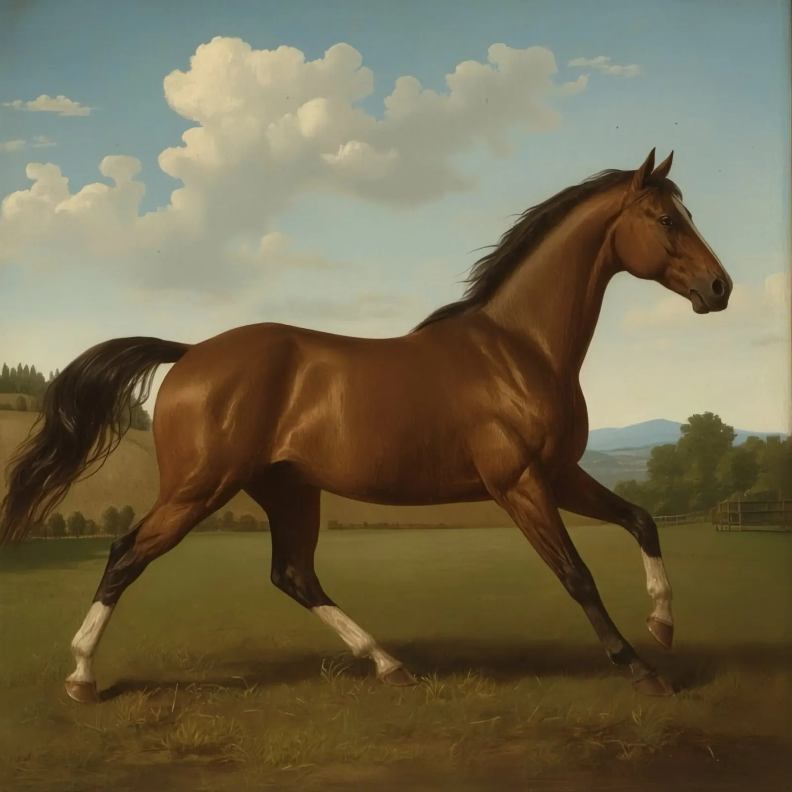 Majestuoso caballo castaño trotando grácilmente por un verde exuberante metacrilato de DesignDoodle
