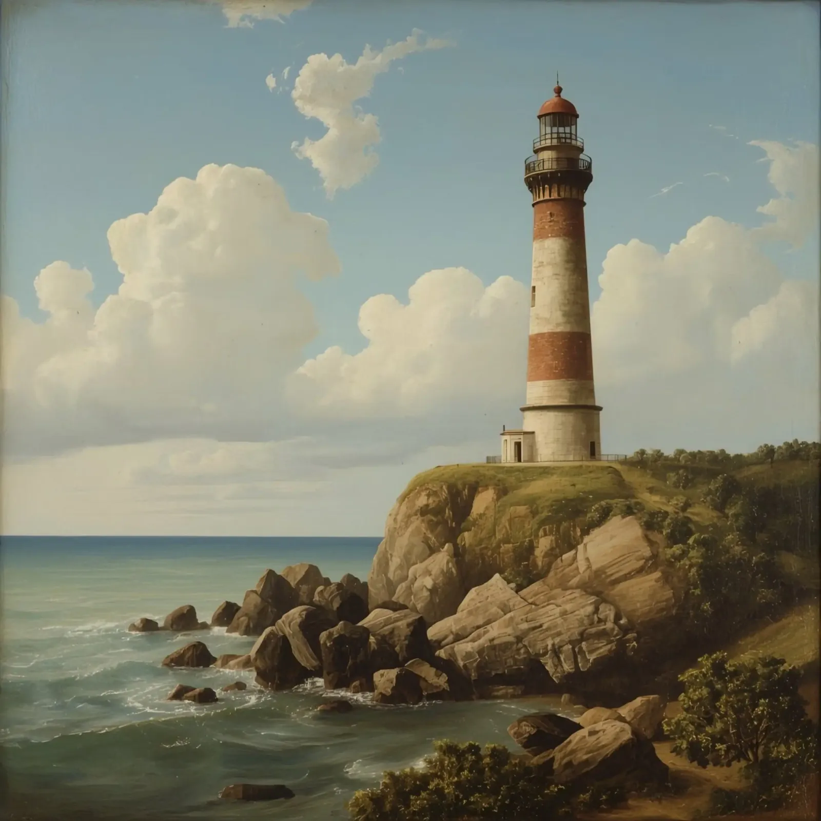 Leuchtturm auf einer felsigen Klippe mit Blick auf das Meer Acryl-Glas von DesignDoodle