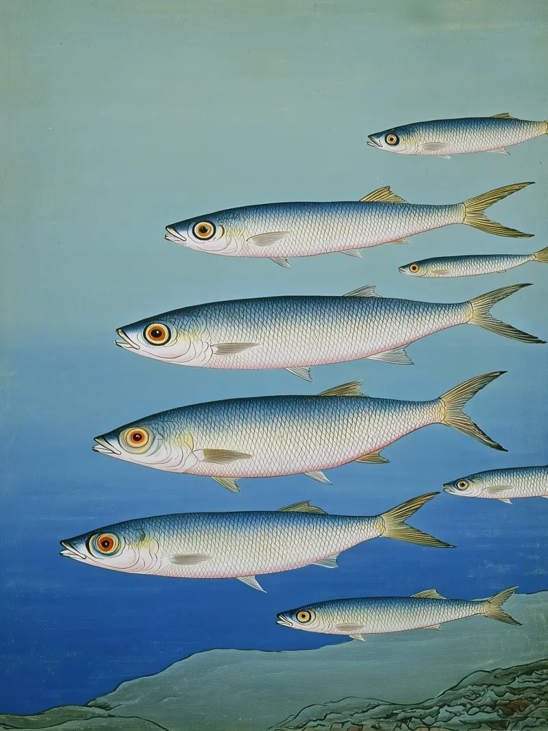 Sardine Seaside Serenade — Coastal Watercolor Fish Print Art alu-dibond by Kaji