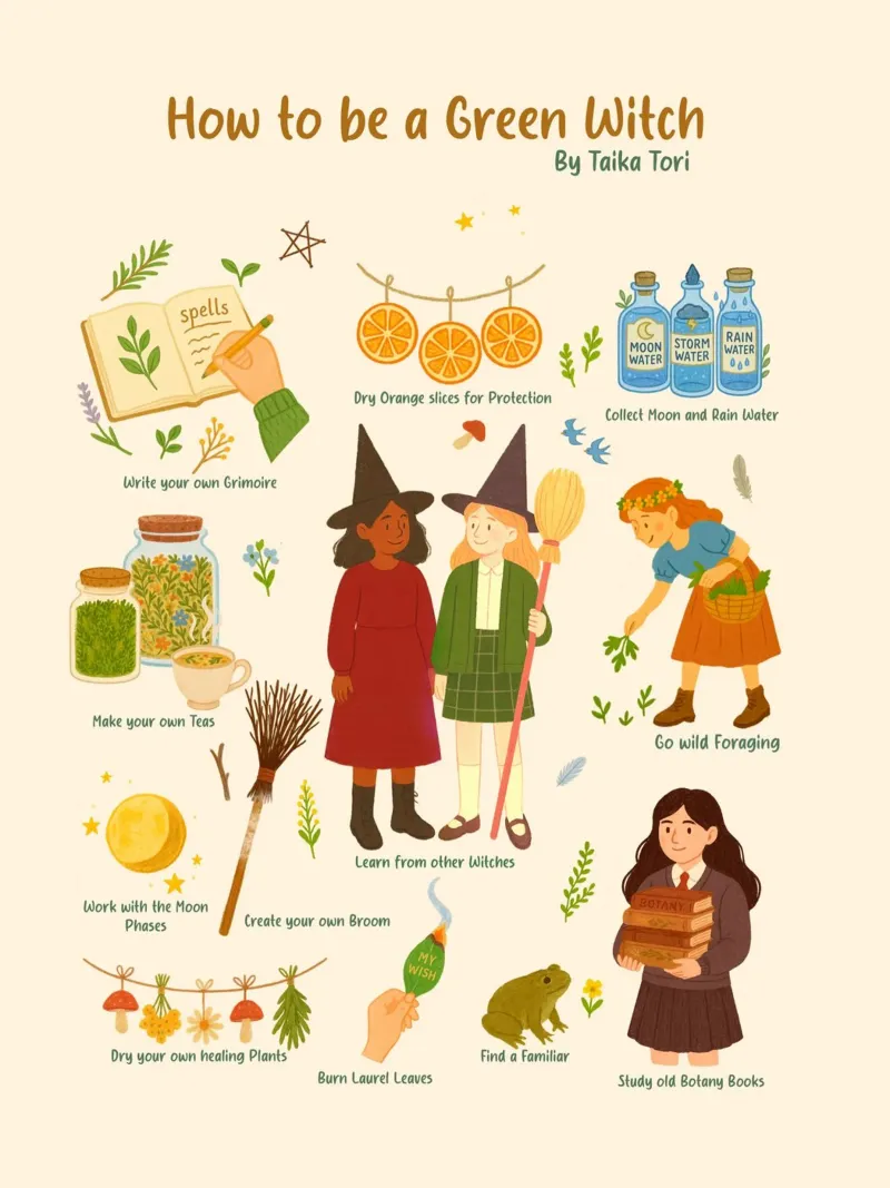 How to be a Green Witch - crayon style illustration canvas by Taika Tori Art