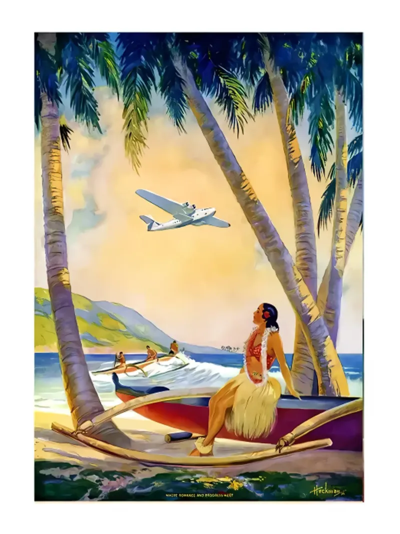 Ragazza hawaiana Hula su una canoa Outrigger a Pearl Harbor carta hahnemühle da eugene shop