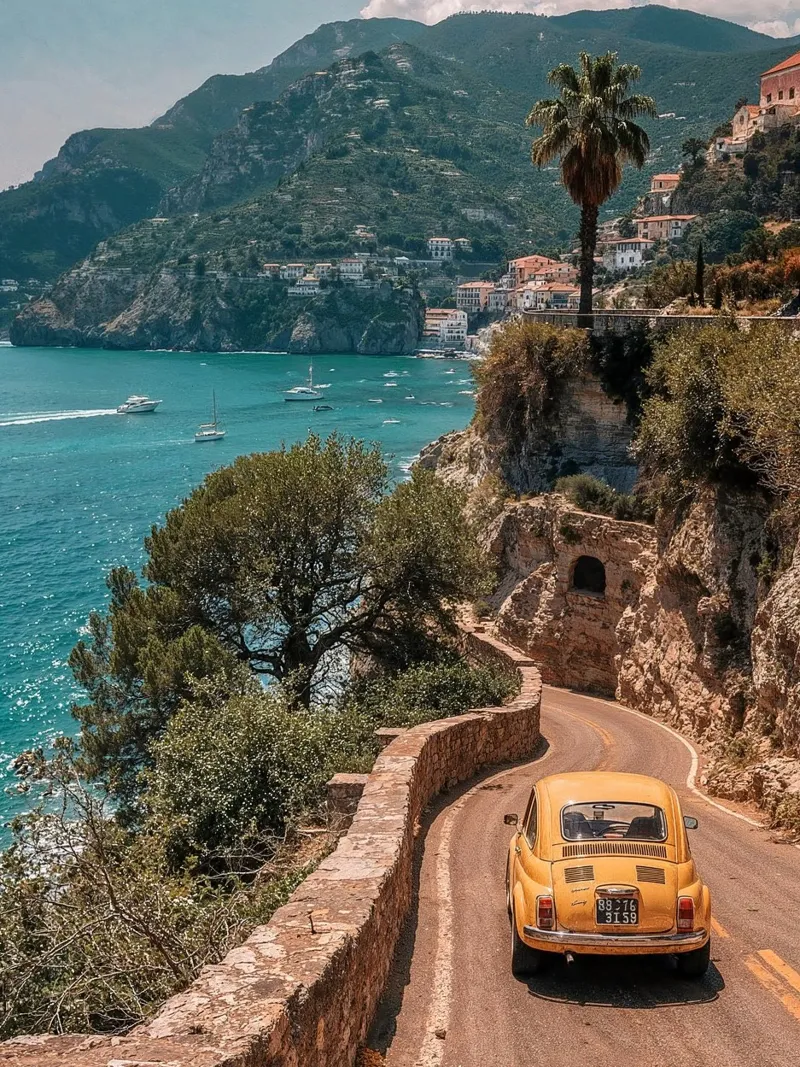 Amalfi Coast road trip - poster with vintage car acrylic glass by BLICKPUNKT