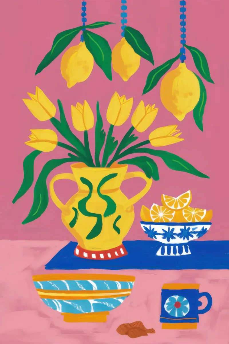 La quiete della cucina al limone poster con telaio in legno da Thistle Bloom