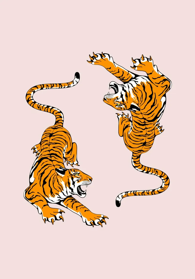 Dynamic Roaring Tigers Pink Background Art Print canvas by homdeco