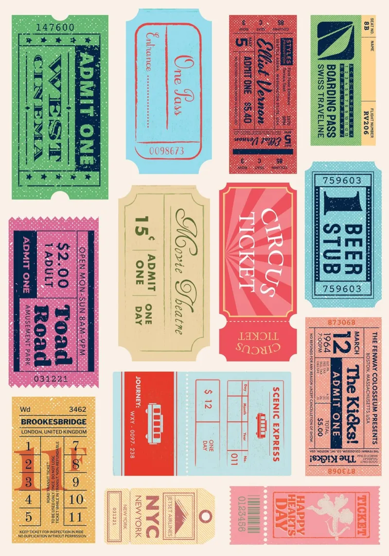 Biglietti d'ingresso d'epoca Stampa d'arte retrò a collage alluminio dibond da homdeco