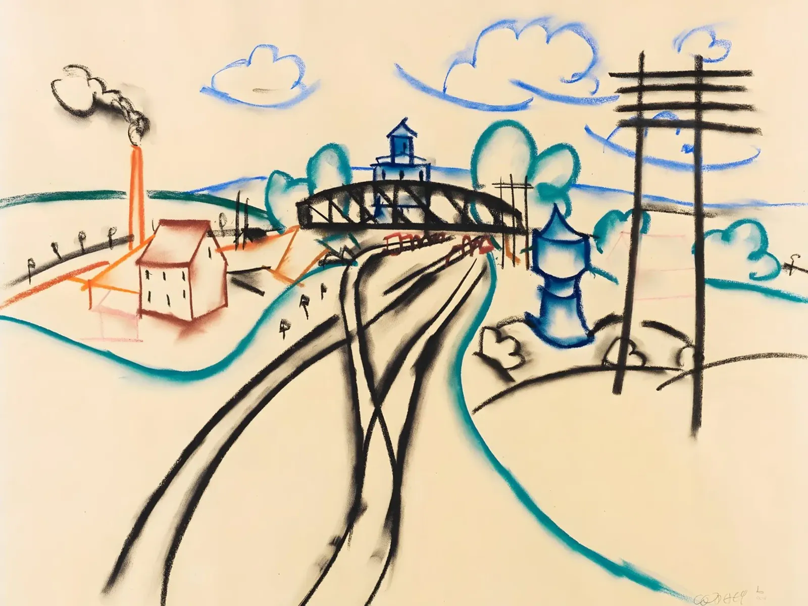 Schizzo a pastello con stazione ferroviaria e fumo - Immagine di design urbano plexiglass da Kunst und Kontrast