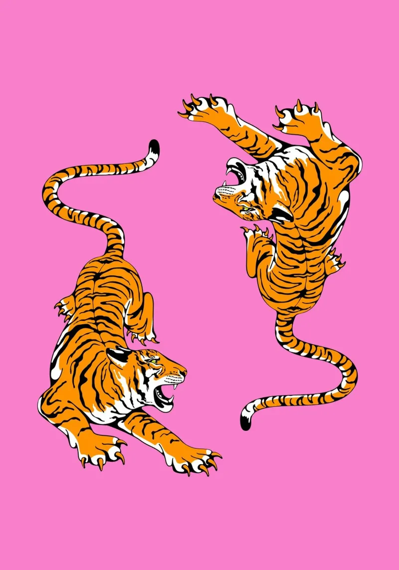 Dynamic Roaring Tigers Pop Art Pink Background hahnemühle by homdeco