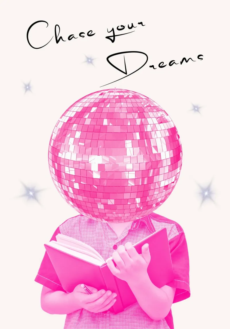 "Ga je dromen achterna" Roze Disco Bal Kunstdruk canvas met Baklijst van homdeco