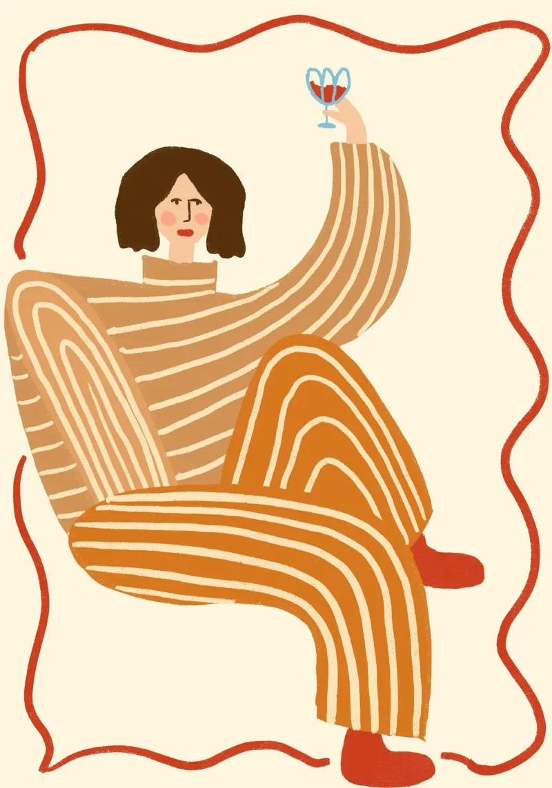 Donna con bicchiere di vino Poster d'arte popolare Boho poster con telaio in legno da vintagepod