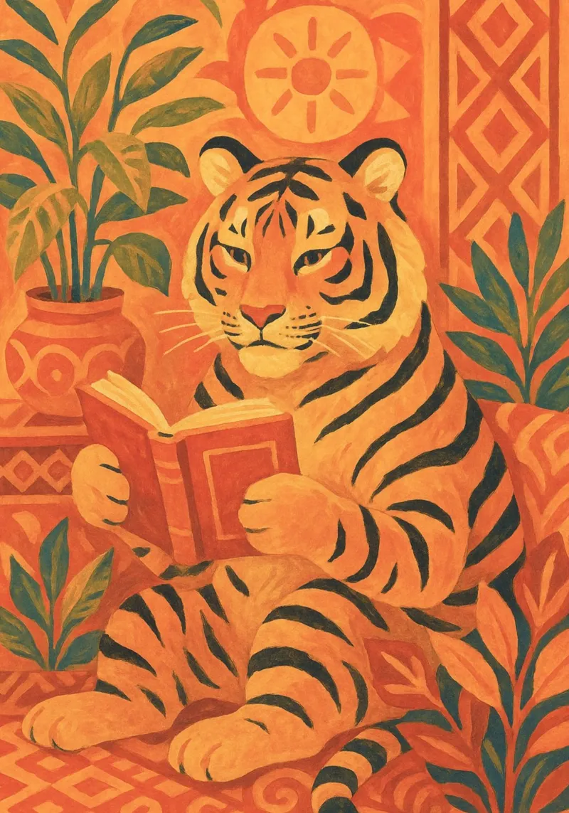 Tiger Reading a Book Folk Art Poster canvas with Floater frame by vintagepod