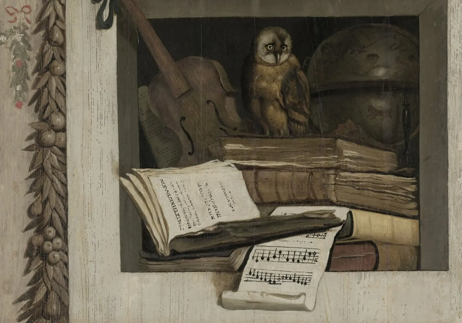 Natura morta con gufo, libri e partitura musicale poster da vintagepod