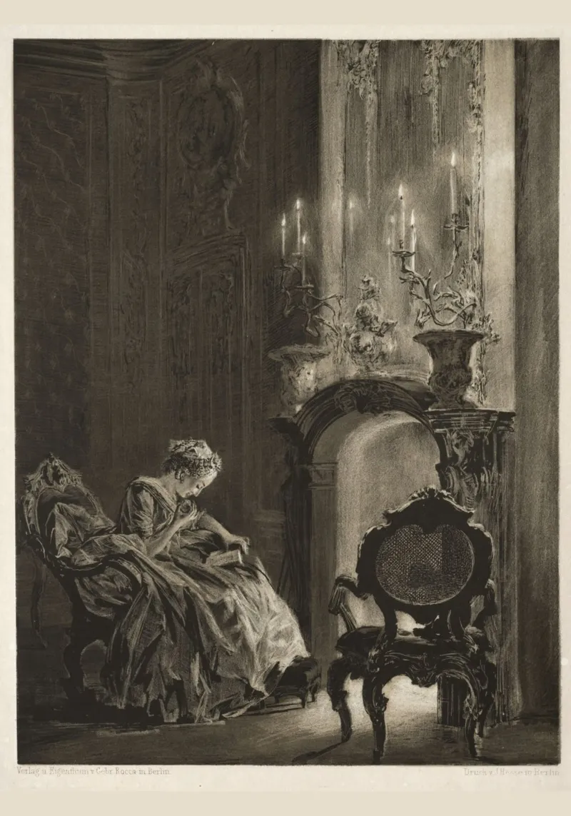 Femme lisant à la lueur d'une bougie Gravure à l'eau-forte poster avec cadre en plastique de vintagepod