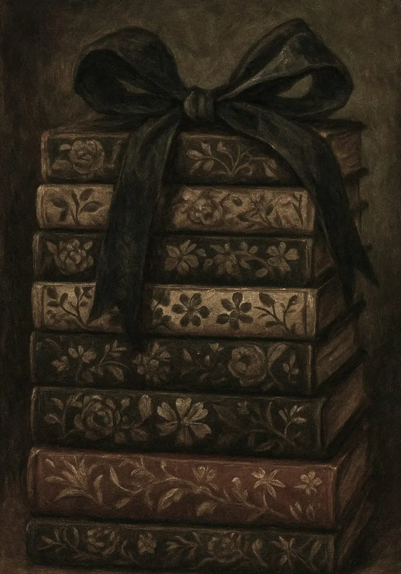 Stack of Vintage Books with Ribbon Dark Academia canvas with Floater frame by vintagepod