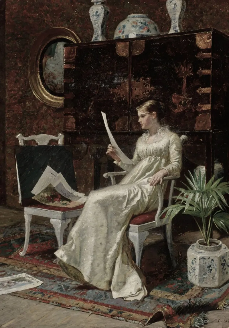 Donna d'epoca che legge una lettera di G. C. A. poster con telaio in alluminio da vintagepod