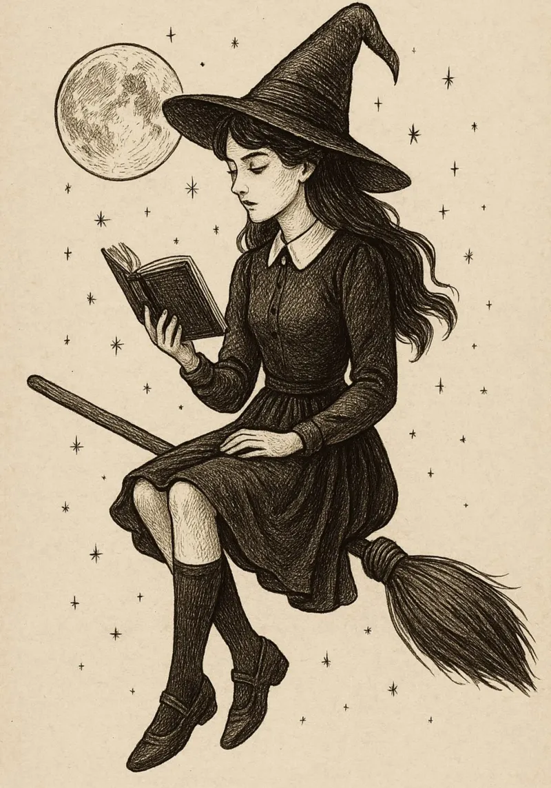 Witch Reading on Broomstick Dark Academia Art canvas with Floater frame by vintagepod