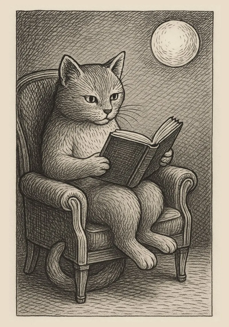 Cat Reading Book in Chair Dark Academia Art canvas with Floater frame by vintagepod