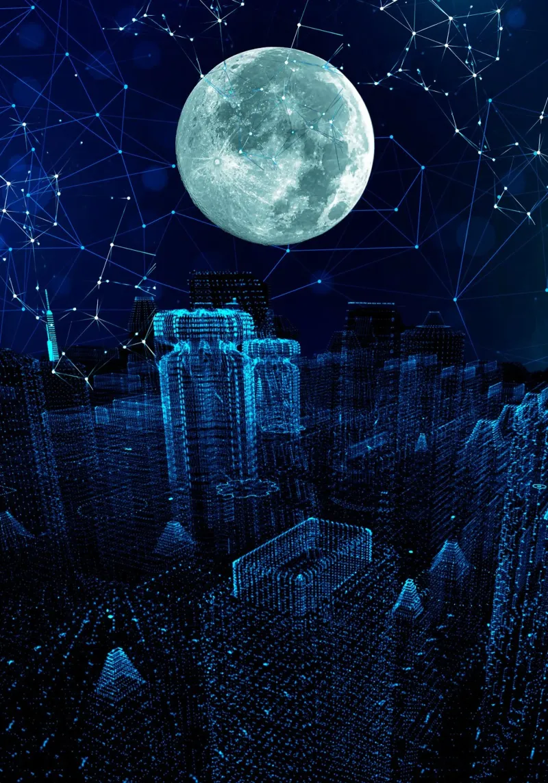 Paisaje urbano digital con luna y red hahnemühle de Berwies Artwork