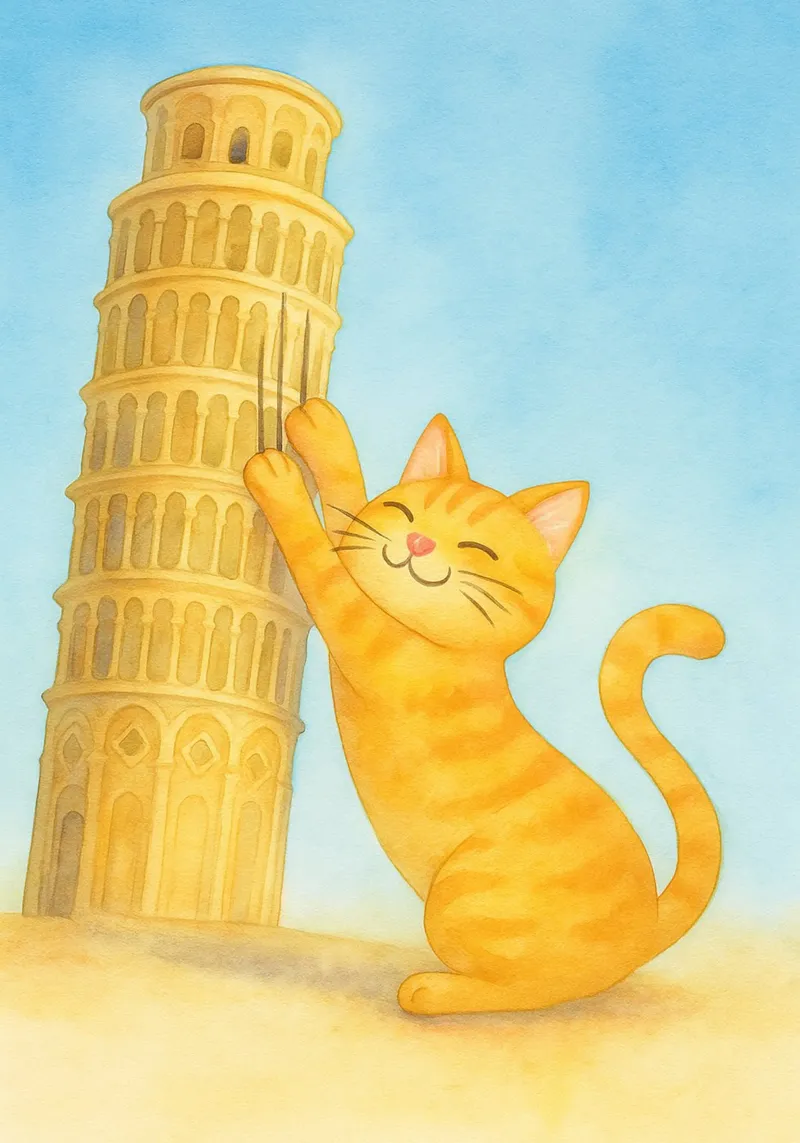 cat and pisa tower drawing canvas with Floater frame by Botania