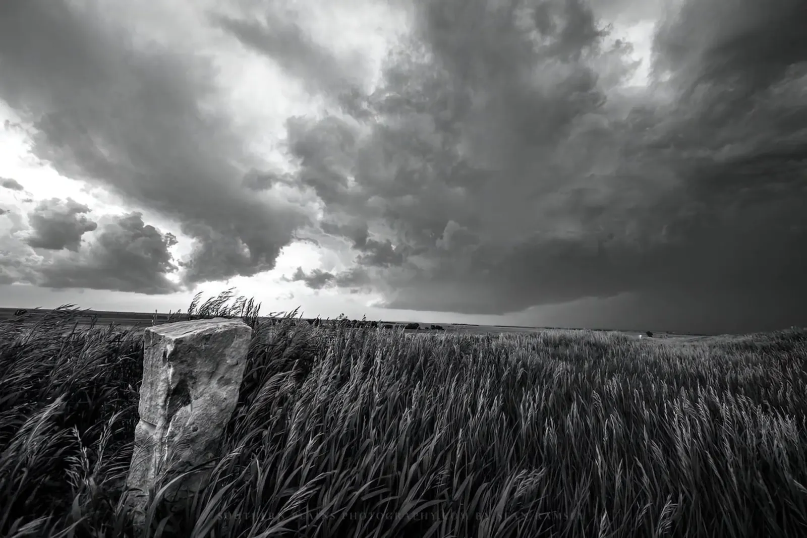 Vecchio marcatore in pietra calcarea ed erba della prateria durante la tempesta sul Kansas Pr pellicola backlit da charles loy