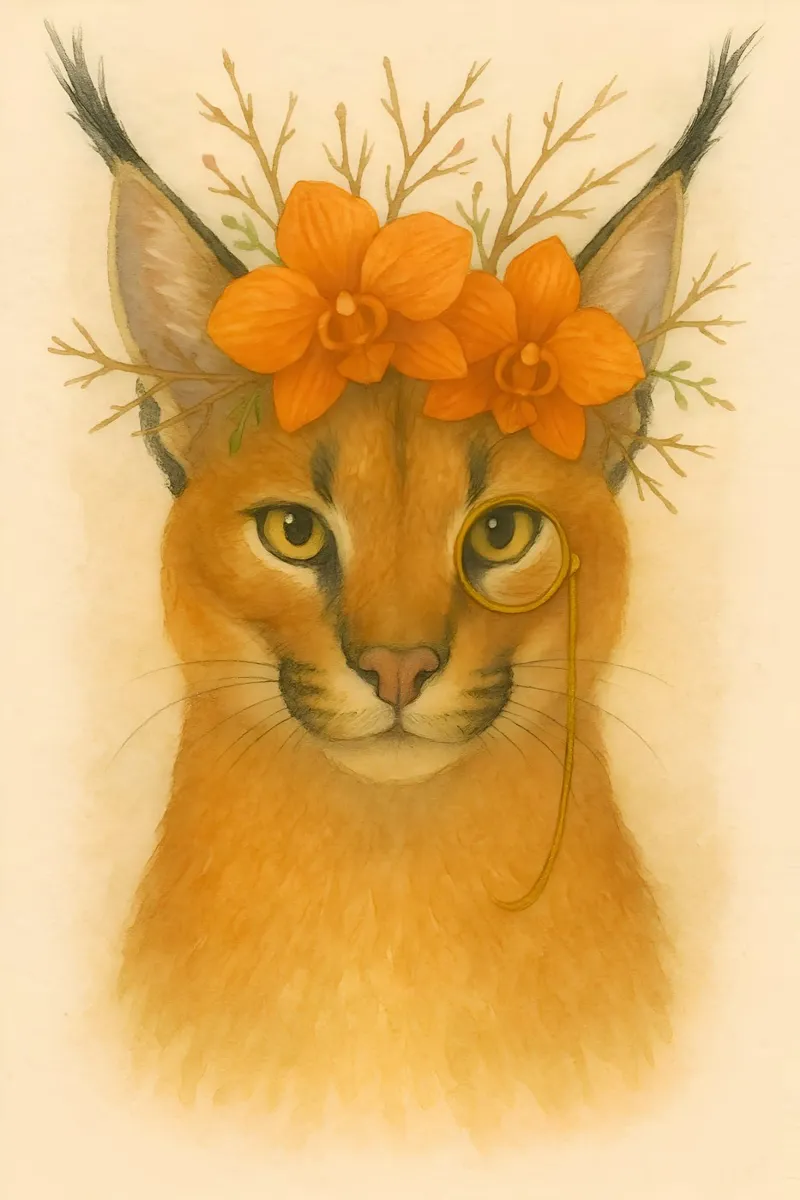 Sguardo d'oro: Caracal con orchidee alluminio dibond da Graceful Desine