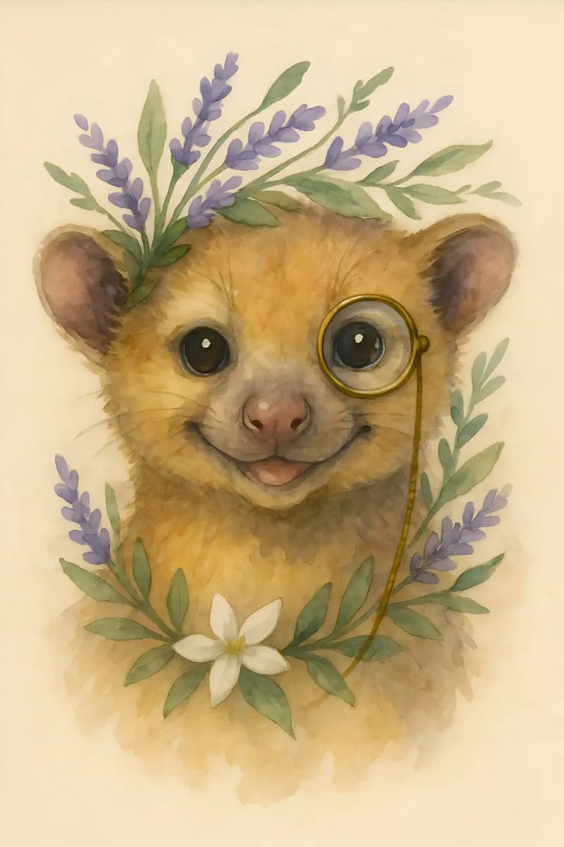 La fantaisie de la lavande : Le Kinkajou souriant poster avec cadre en aluminium de Graceful Desine