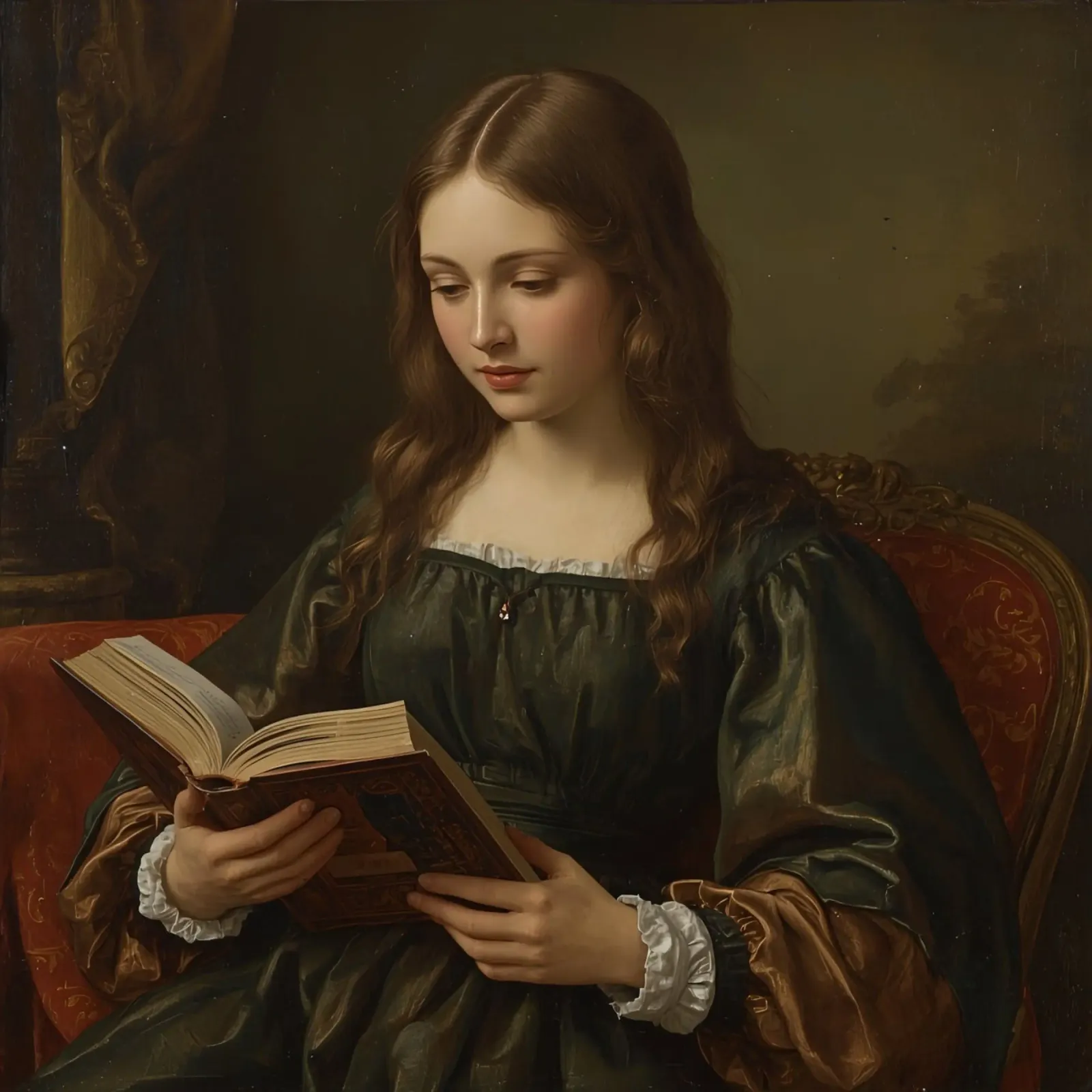Giovane ragazza intenta a leggere un libro in una stanza elegante carta hahnemühle da DesignDoodle