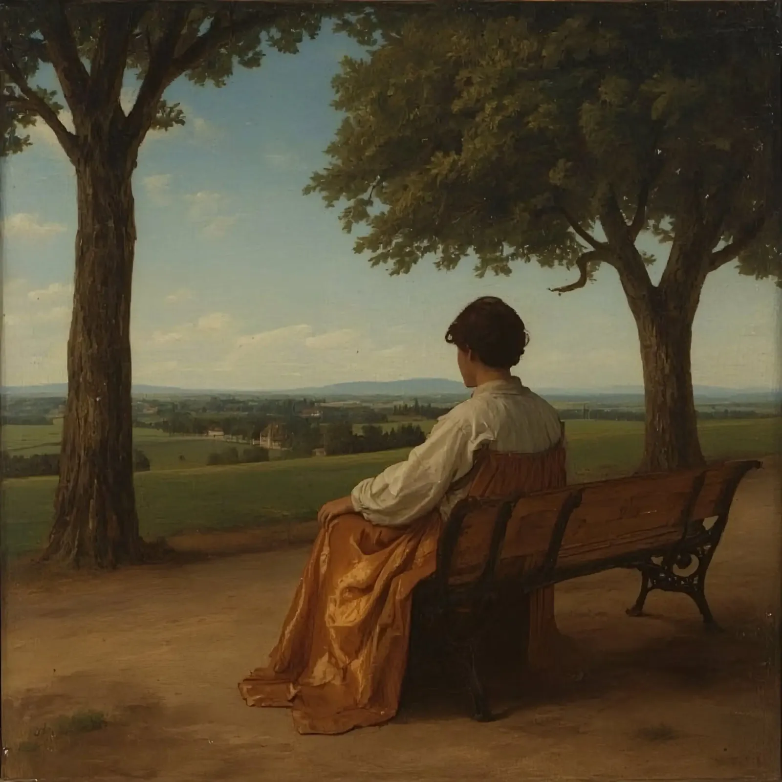 man seated on a bench overlooking a picturesque landscape canvas with Floater frame by DesignDoodle
