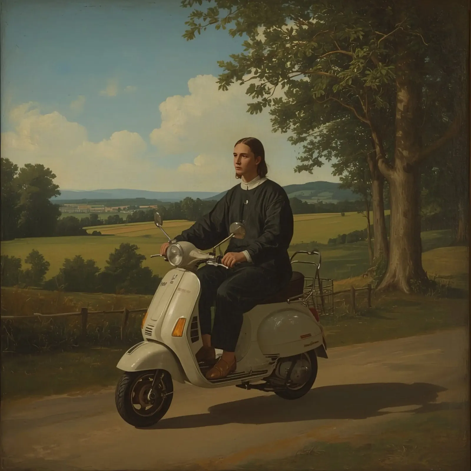 Giovane uomo in sella a uno scooter attraverso un paesaggio di campagna poster con telaio in alluminio da DesignDoodle