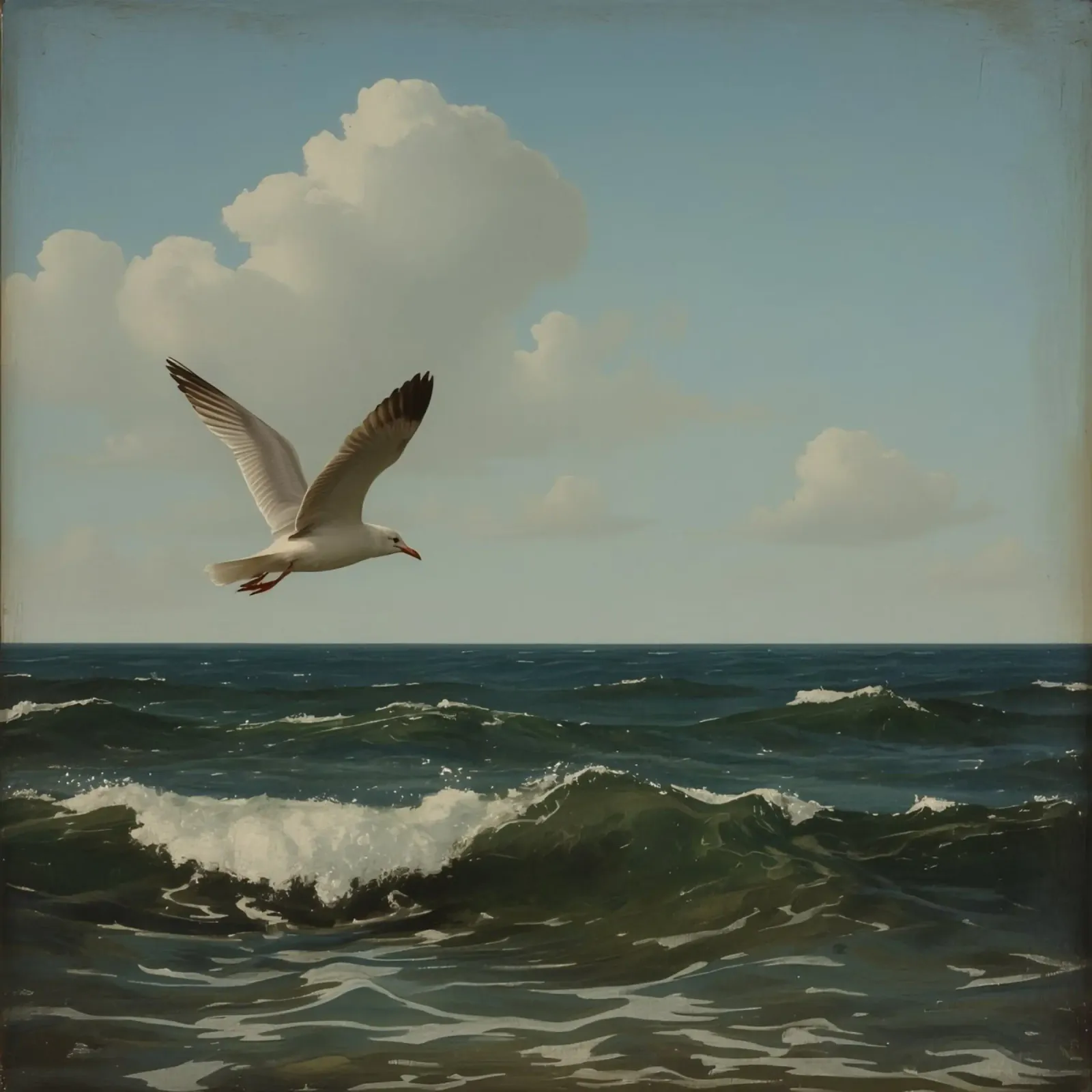 Seagull gliding over ocean waves under a partly cloudy sky canvas by DesignDoodle